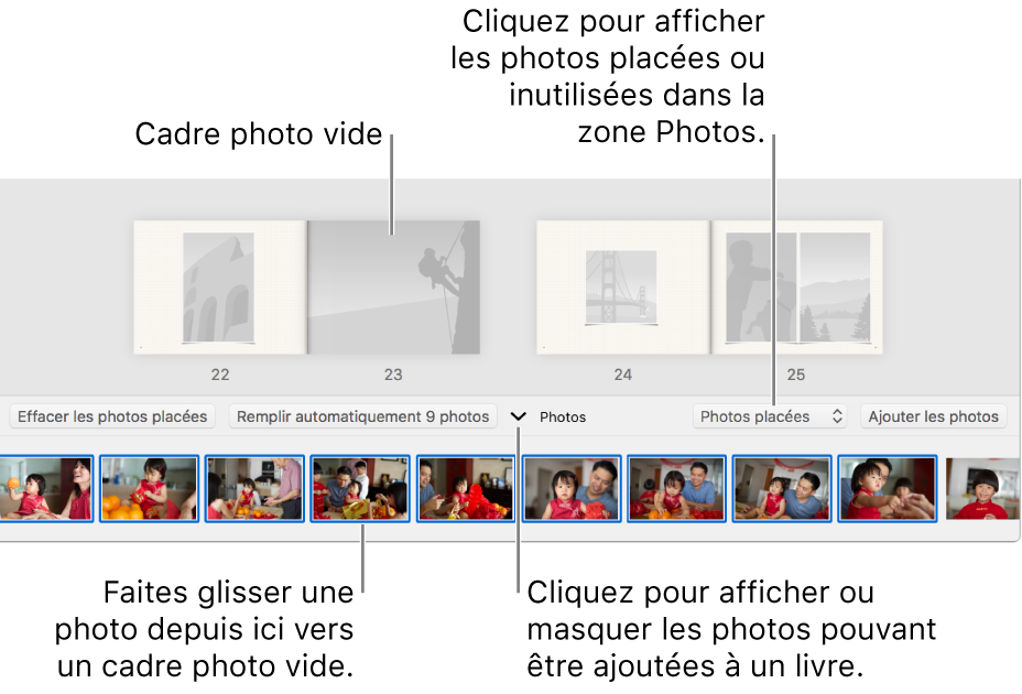 Fenêtre Photos affichant les pages d’un livre avec la zone Photos en bas.