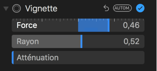 Commandes d’effet de vignettage dans la sous-fenêtre Ajuster.