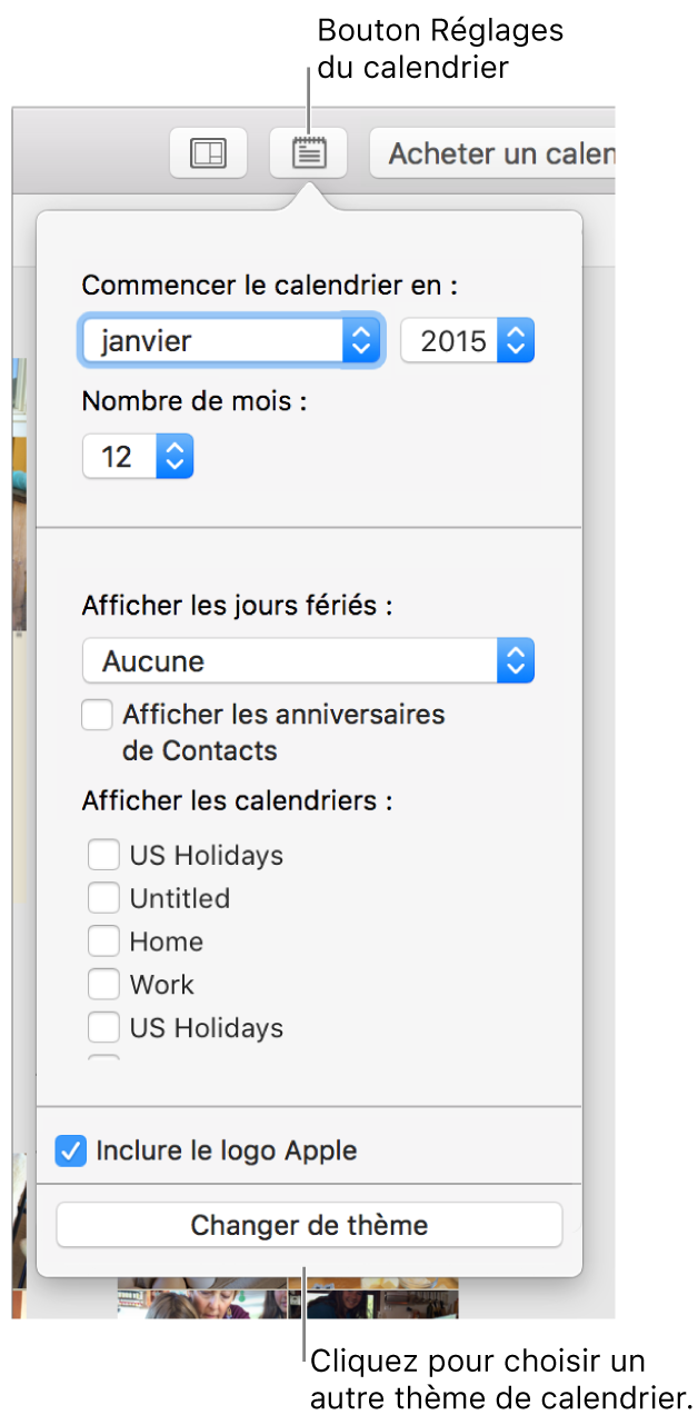 Options Réglages du calendrier avec bouton Changer de thème en bas.