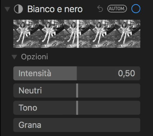 L’area “Bianco e nero” del pannello Regola con i cursori Intensità, Neutri, Tono e Grana.