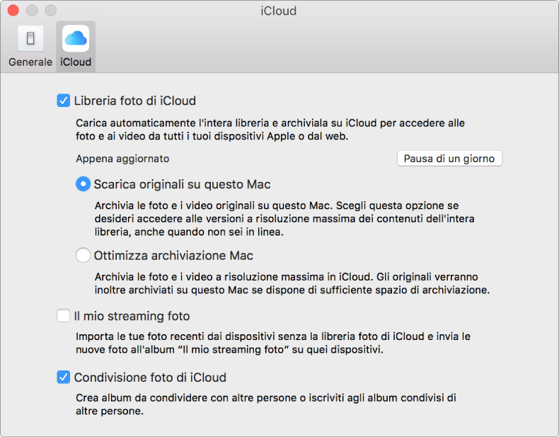 Pannello iCloud delle preferenze di Foto.