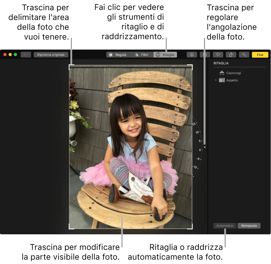 Finestra che visualizza una foto con le opzioni di ritaglio e raddrizzamento.