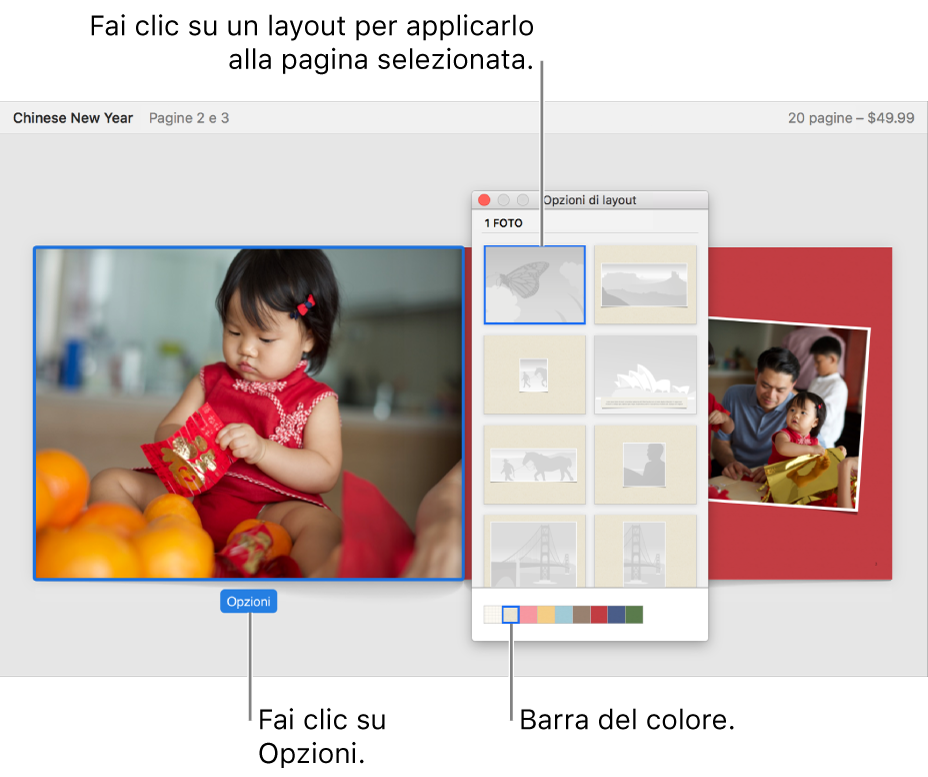 Doppia pagina di un fotolibro con la finestra delle opzioni di layout di fronte.