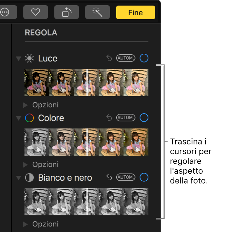 I cursori Luce, Colore e “Bianco e nero” nel pannello Regola. Un pulsante Automatico viene visualizzato su ciascun cursore.