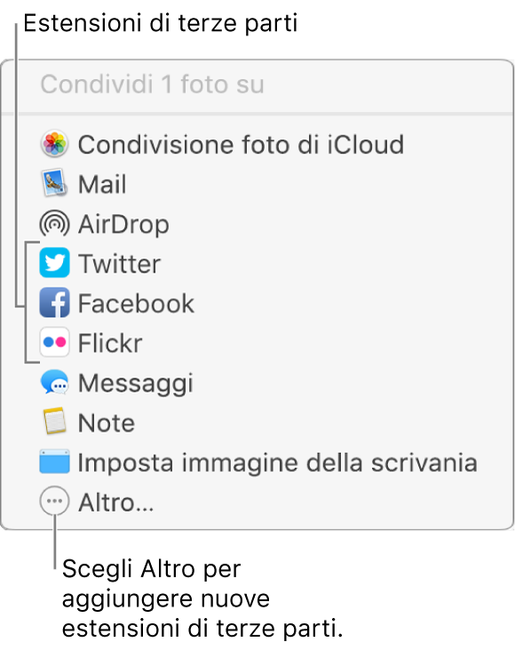 Menu Condividi con estensioni di terze parti, ad esempio Flickr.