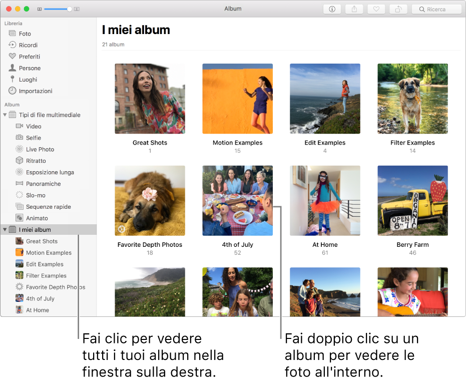 La finestra Foto con la cartella “I miei album” selezionata sulla barra laterale e gli album creati da te nella finestra a destra.