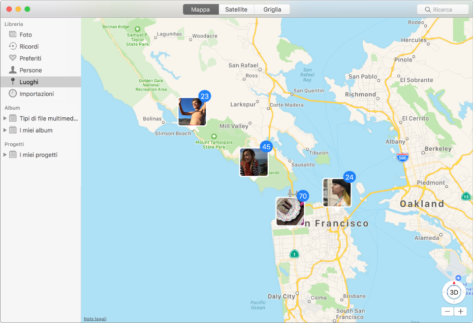 Finestra di Foto che mostra una mappa con le miniature delle foto raggruppate per posizione.