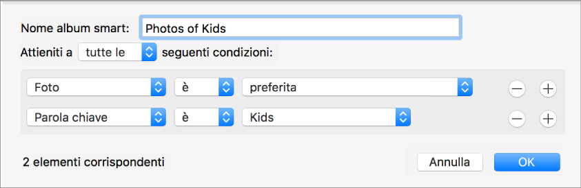 Finestra di dialogo “Crea album smart”.