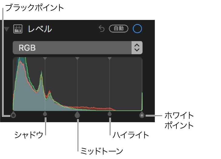 RGB ヒストグラムの「レベル」コントロール、（左から右へ）ブラックポイント、シャドウ、ミッドトーン、ハイライト、およびホワイトポイント。