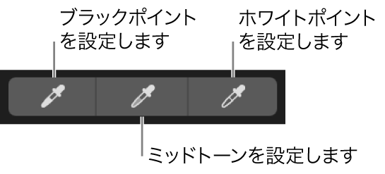写真のブラックポイント、ミッドトーン、およびホワイトポイントを選択するために使用する 3 つのスポイト。