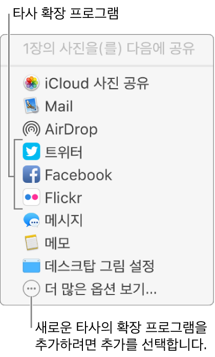 Flickr와 같은 타사 확장 프로그램을 표시하는 공유 메뉴.