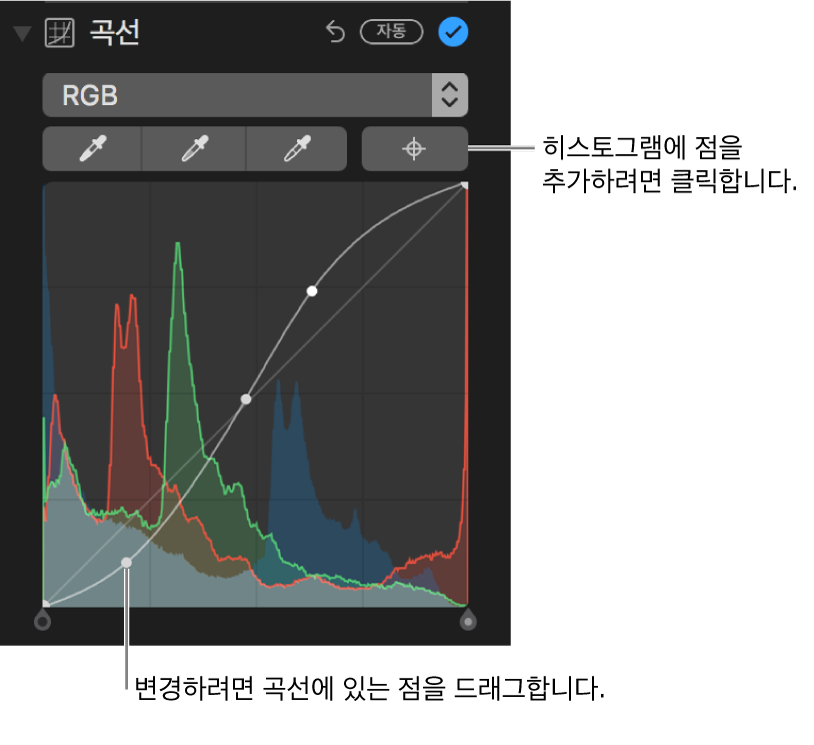 오른쪽 상단에 있는 곡선 제어기 및 점 추가 버튼.