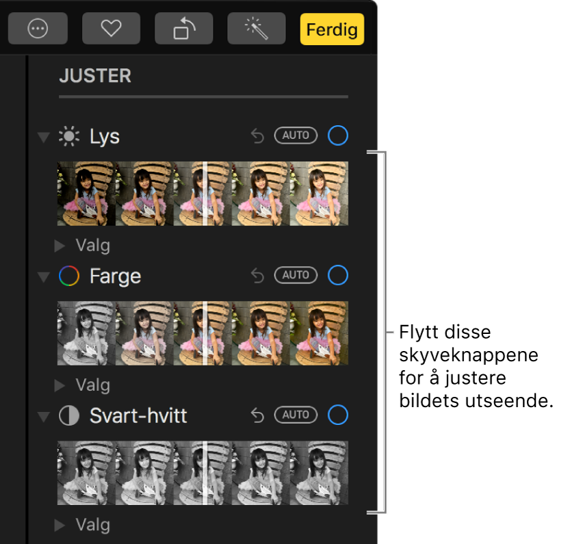 Lys-, Farge- og Svart-hvitt-skyveknappene i Juster-panelet. En Auto-knapp vises over hver skyveknapp.
