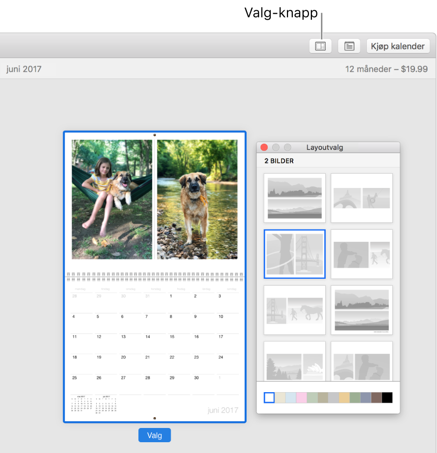 Kalenderside til venstre med Layoutvalg-vinduet til høyre som viser sidelayouter.