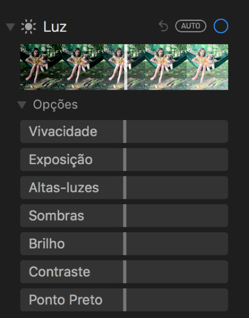 A área Luz do painel Ajustes mostrando controles para Vivacidade, Exposição, Altas-luzes, Sombras, Brilho, Contraste e Ponto Preto.