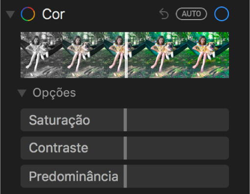 A área Cor do painel Ajustes mostrando controles para Saturação, Contraste e Predominância.