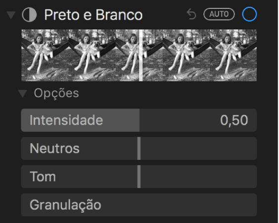 A área Preto e Branco do painel Ajustes mostrando controles para Intensidade, Neutros, Tom e Granulação.