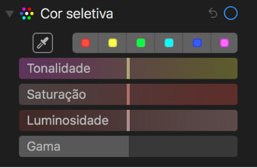 Controlos de cor seletiva com os niveladores de tonalidade, saturação, luminosidade e gama