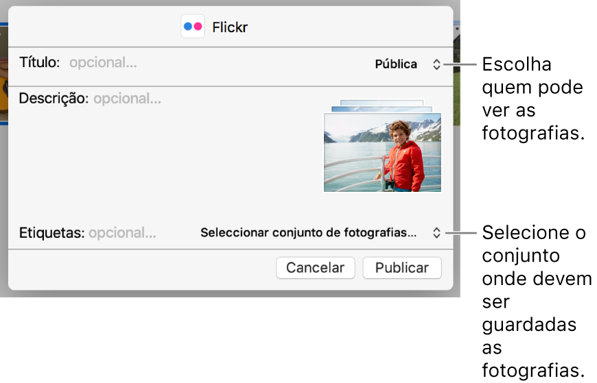 Caixa de diálogo de partilha no Flickr