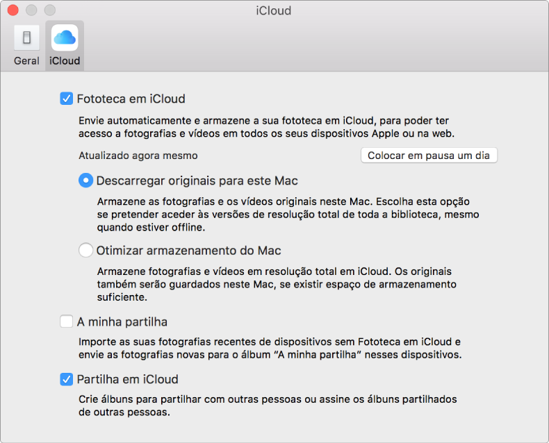 Painel iCloud das preferências de Fotografias