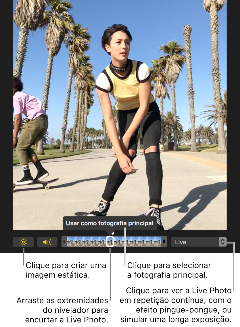 Uma Live Photo na vista de edição e, por baixo, um nivelador que mostra os fotogramas da fotografia. À esquerda do nivelador aparecem os botões de Live Photo e de altifalante, e à direita o menu pop-up que permite adicionar uma repetição contínua, um efeito de pingue-pongue ou de longa exposição.