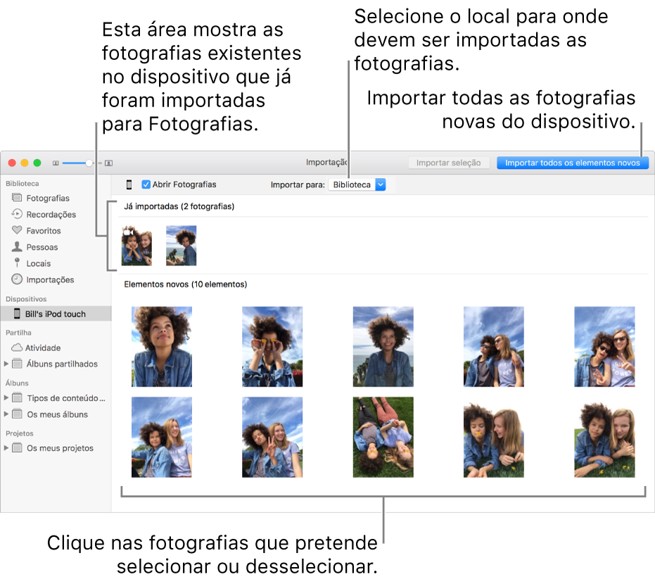As fotografias que já foram importadas são apresentadas na parte superior do painel, e as fotografias novas na parte inferior. Na parte superior, ao centro, encontra-se o menu pop-up “Importar para”. O botão “Importar todas as fotografias novas” encontra-se na parte superior direita.