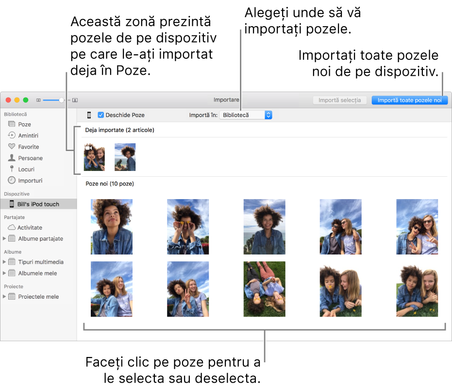 Pozele de pe dispozitiv pe care le‑ați importat deja sunt afișate în partea de sus a panoului; pozele noi sunt în partea de jos. Sus, în mijloc, se află meniul pop‑up “Importă în”. Butonul Importă toate pozele noi se află în dreapta sus.