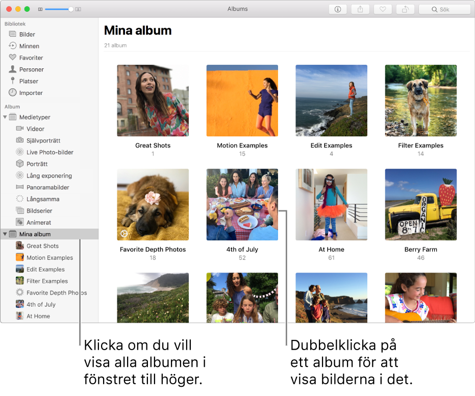 Bilder-fönster med Mina album markerat i sidofältet. De album du har skapat visas i fönstret till höger.