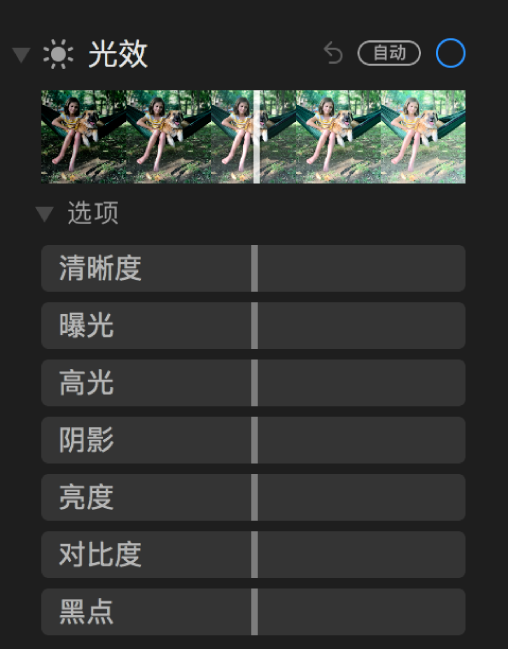 “调整”面板的“光效”区域显示“清晰度”、“曝光”、“高光”、“阴影”、“亮度”、“对比度”和“黑点”滑块。