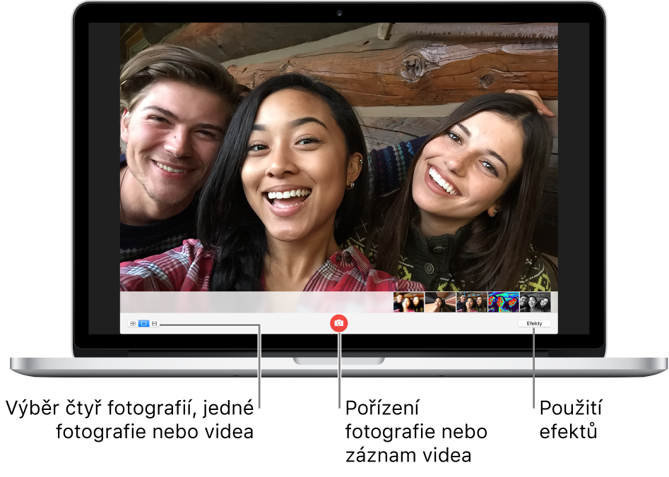 Okno Photo Booth s vybraným tlačítkem Pořídit snímek. K přepínání mezi režimy fotografování a záznamu videa slouží tlačítka Čtyři fotografie, Fotografie a Video. Chcete-li pořídit snímek nebo zaznamenat video, klikněte na tlačítko Pořídit fotografii nebo Zaznamenat video. Chcete-li použít efekty, klikněte na tlačítko Efekty