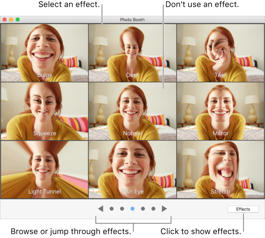 Photo Booth window showing effects you can choose. Click the effect you want to use. If you don’t want to use an effect, click Normal.