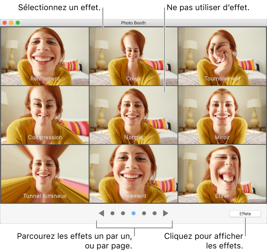 Fenêtre Photo Booth affichant les effets que vous pouvez choisir. Cliquez sur l’effet à utiliser. Si vous ne souhaitez pas utiliser d’effet, cliquez sur Normal.