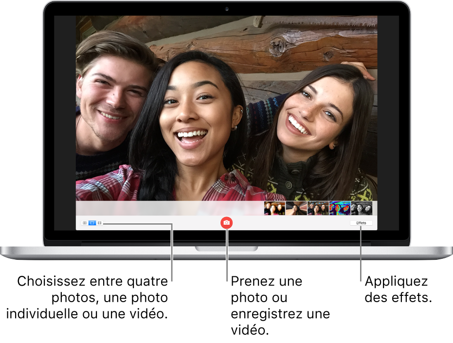 La fenêtre en représentant Photo Booth avec le bouton Prendre une photo sélectionné. Pour basculer entre les modes de photographie ou d’enregistrement vidéo, choisissez Quatre photos, Photo ou Vidéo. Pour prendre une photo ou enregistrer une vidéo, cliquez sur le bouton Prendre une photo ou Enregistrement vidéo. Pour appliquer des effets, cliquez sur le bouton Effets.