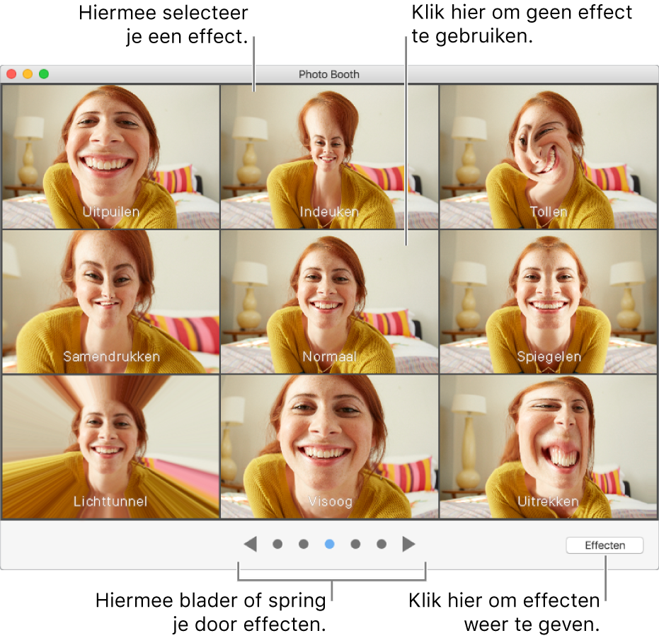 Photo Booth-venster met de effecten die je kunt kiezen. Klik op het effect dat je wilt gebruiken. Als je geen effect wilt gebruiken, klik je op 'Normaal'.
