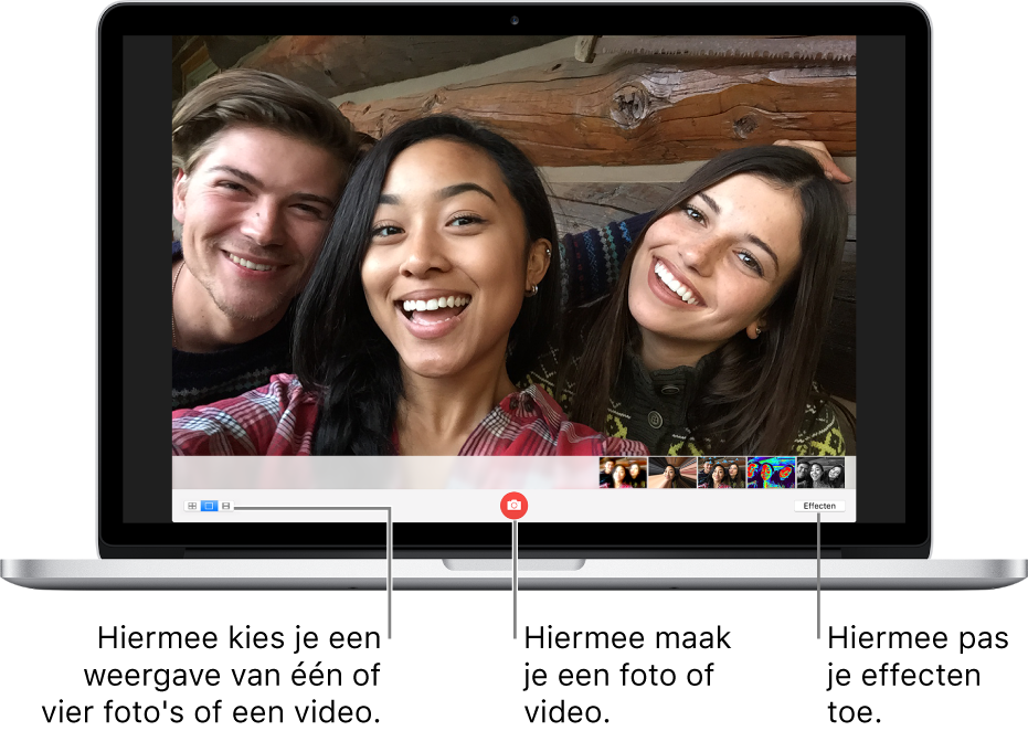 Het Photo Booth-venster met de fotoknop geselecteerd. Om te schakelen tussen de foto- en de video-opnamemodus, kies je de knop voor vier foto's, één foto of een video. Om een foto te maken of video op te nemen, klik je op de foto- of video-opnameknop. Om effecten toe te passen, klik je op de knop 'Effecten'.