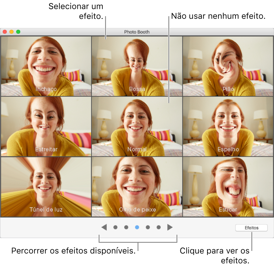 Janela do Photo Booth a mostrar os efeitos à escolha. Clique no efeito que pretende utilizar. Se não quiser usar um efeito, clique em Normal.