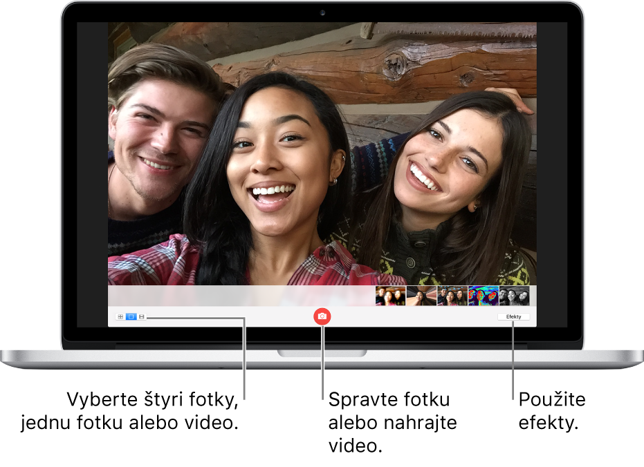 Okno Photo Booth s označeným tlačidlom Odfotiť. Medzi režimami snímania obrázkov a nahrávania videa môžete prepínať výberom možností Štyri fotky, Fotka alebo Video. Ak chcete nasnímať obrázok alebo nahrať video, kliknite na tlačidlo Odfotiť alebo Nahrať video. Ak chcete použiť efekty, kliknite na tlačidlo Efekty.
