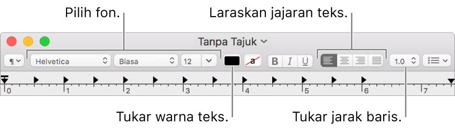 Bar alat TextEdit untuk dokumen teks beraneka menunjukkan penjajaran fon dan teks serta kawalan jarak.