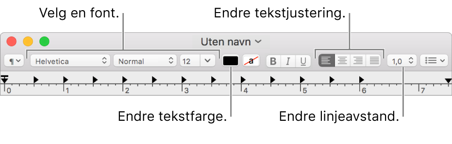 TextEdit-verktøylinjen for et rik tekst-dokument som viser fonten og kontroller for tekstjustering og avstand.