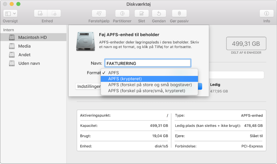 Muligheden APFS (krypteret) på menuen Format.
