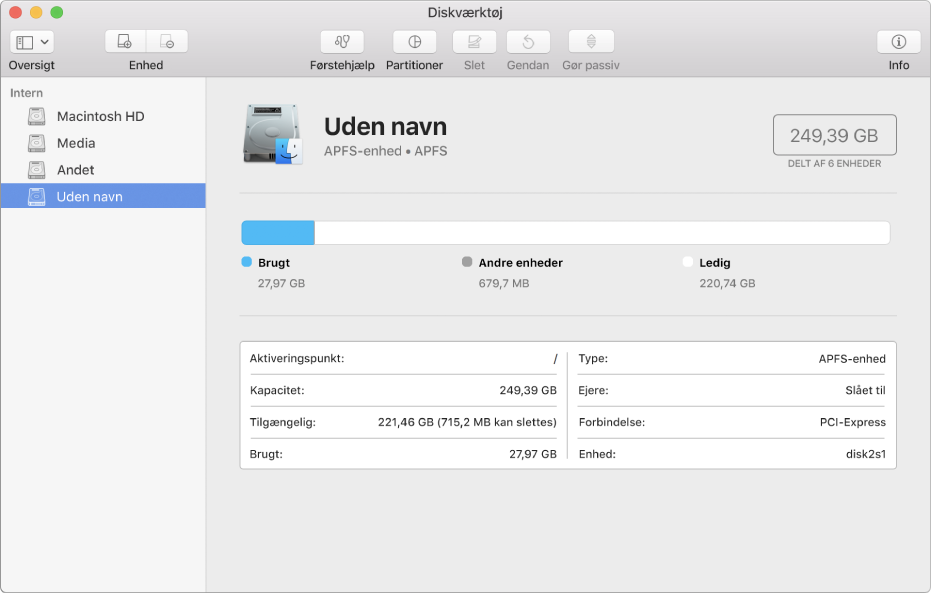 Fire enheder i APFS-beholderen i indholdsoversigten i Diskværktøj.