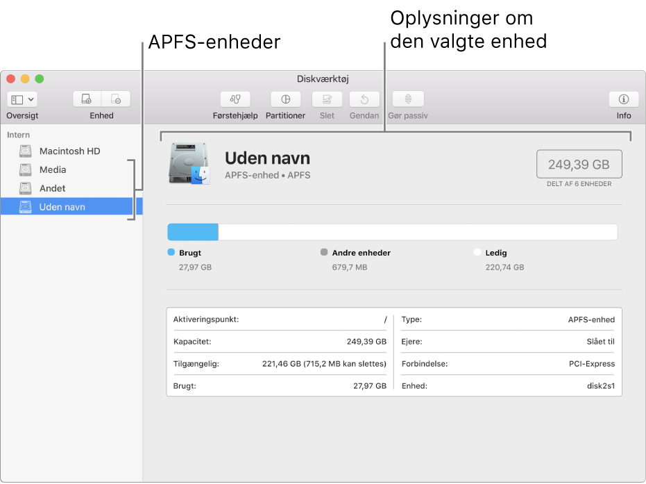 En APFS-enhed er valgt i indholdsoversigten, og der vises oplysninger om enheden.