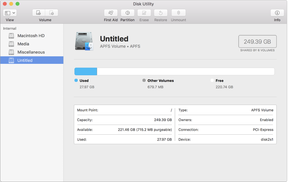 Four volumes in the APFS container in the Disk Utility sidebar.