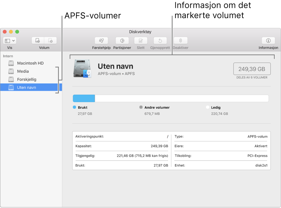 Et APFS-volum markert i sidepanelet, som viser voluminformasjon.