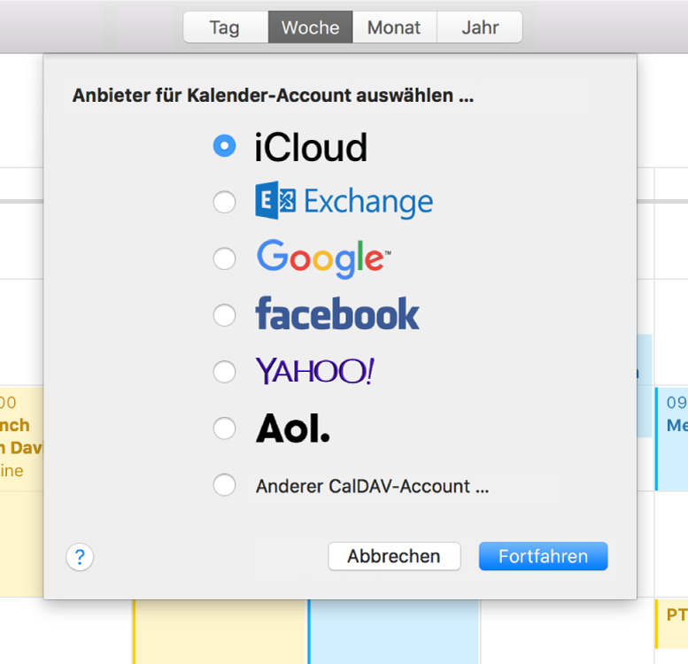Ein Fenster „Kalender“ mit dem Bereich „Account hinzufügen“