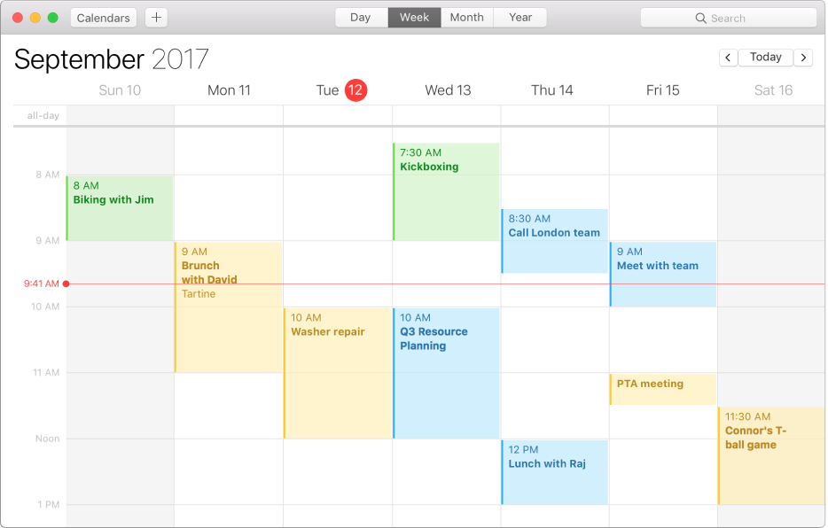 A Calendar window in Week view.