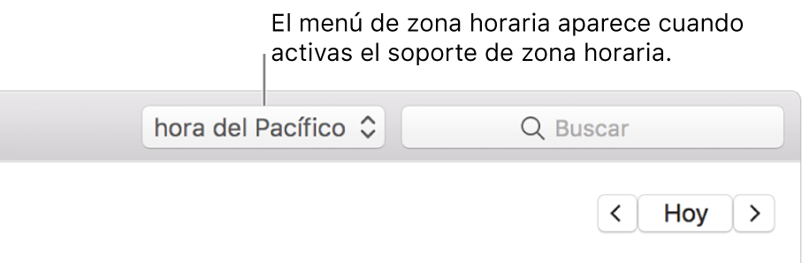 El menú de zona horaria aparece a la izquierda del campo de búsqueda cuando activas el soporte de zona horaria