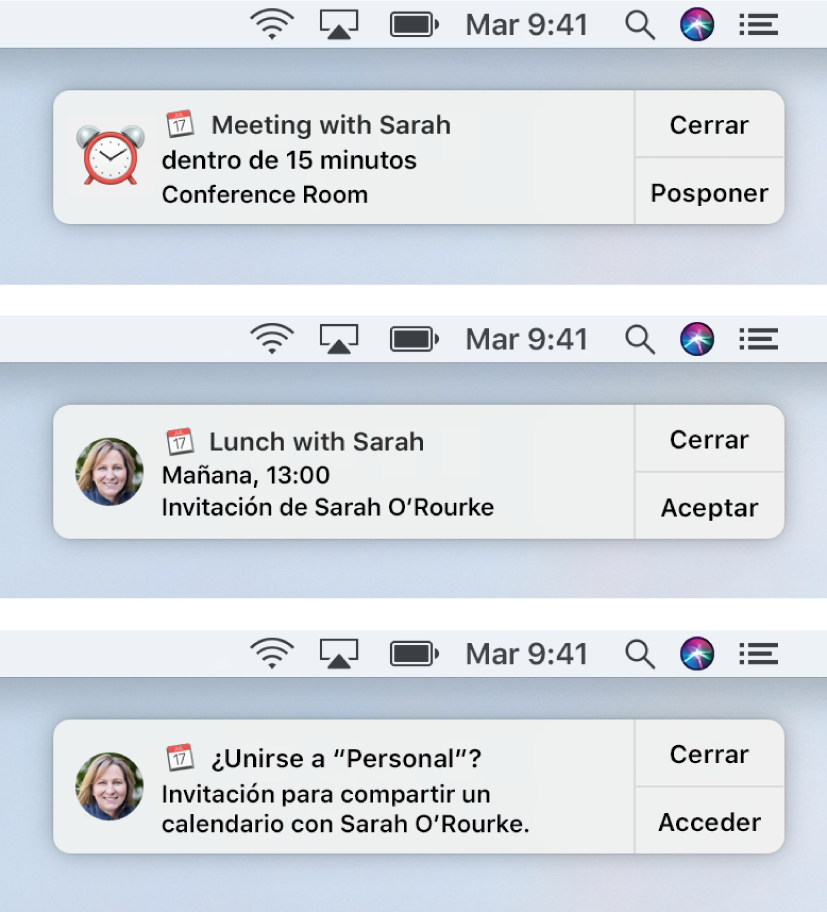 Los avisos de las notificaciones de las invitaciones de Calendario tienen botones a la derecha: Cerrar y Aceptar, o Cerrar y Ver en el caso de los eventos, y Cerrar y Unirse en el caso de los calendarios compartidos