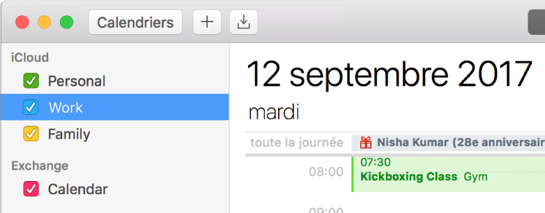 Une fenêtre Calendrier en présentation Journée affichant dans la barre latérale des calendriers personnels, professionnels et familiaux auxquels est appliqué un code couleur sous l’en-tête du compte iCloud, et un autre calendrier sous l’en-tête du compte Exchange.