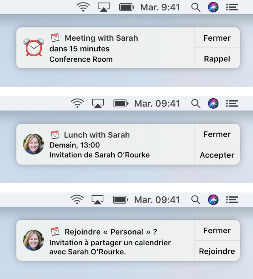 Les alertes de notifications correspondant à des invitations Calendrier disposent de boutons sur la droite : Fermer et Accepter ou Fermer et Afficher pour un événement, et Fermer ou Rejoindre pour un calendrier partagé